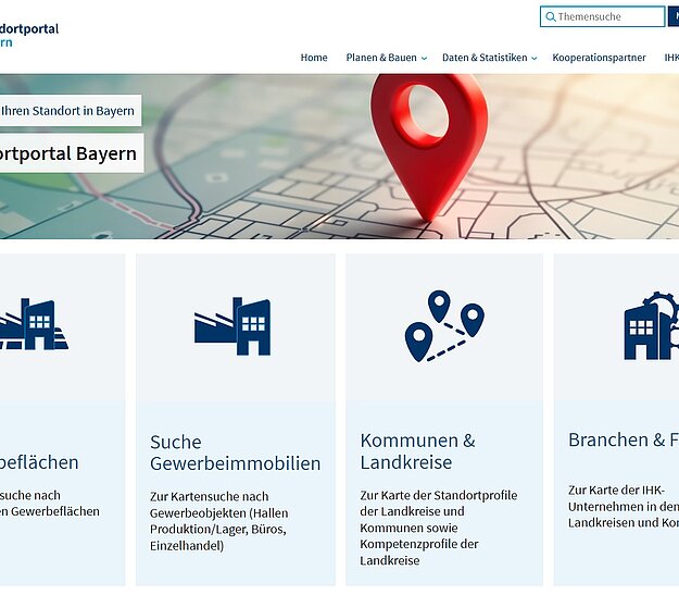 Webseite des Standortportals Bayern mit einem roten Standortmarker auf einer Karte. Angebote zur Suche von Gewerbeflächen, Gewerbeimmobilien, Kommunen und Landkreisen sowie Informationen über Branchen und Firmen in Bayern sind durch Symbole dargestellt.
