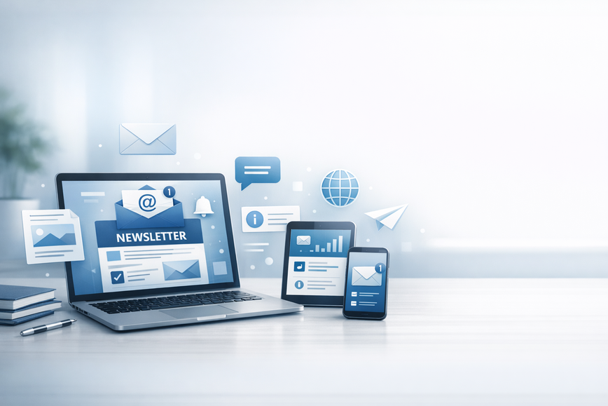 Ein Laptop und ein Smartphone stehen auf einem Tisch. Auf dem Laptop-Bildschirm ist ein Newsletter-Layout mit Symbolen für E-Mail, Grafiken und Informationen zu sehen. Um die Geräte herum befinden sich verschiedene Icons, die Kommunikation und Informationen darstellen.