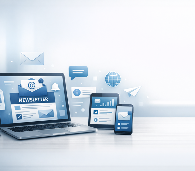 Ein Laptop und ein Smartphone stehen auf einem Tisch. Auf dem Laptop-Bildschirm ist ein Newsletter-Layout mit Symbolen für E-Mail, Grafiken und Informationen zu sehen. Um die Geräte herum befinden sich verschiedene Icons, die Kommunikation und Informationen darstellen.