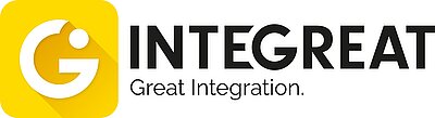 Logo von INTEGREAT mit dem Slogan "Great Integration." Der Hintergrund ist gelb, das "G" hat eine weiße Farbe mit einem runden Element, während der Text in Schwarz gehalten ist.