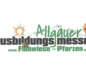 Logo der Allgäuer Ausbildungsmesse mit einem Sonnenmotiv und Bergsilhouette. Der Text enthält die Website www.Flohwiese-Pforzen.de und den Slogan „Wir packen's an!“.