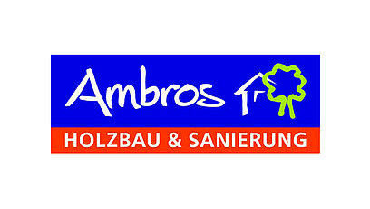Logo von Ambros, das Holzbau und Sanierung anbietet. Der Hintergrund ist blau, mit dem Schriftzug "Ambros" in Weiß und einer grünen Blattform. Darunter steht "HOLZBAU & SANIERUNG" in roter Schrift.