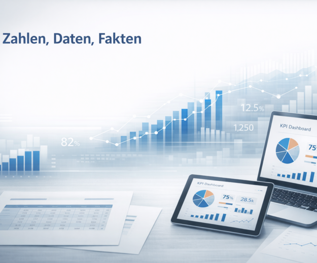 Eine grafische Darstellung mit Diagrammen und Statistiken auf mehreren elektronischen Geräten, darunter Laptop, Tablet und Smartphone. Der Hintergrund zeigt Datenvisualisierungen und steigende Grafiken. Oben steht der Text „Zahlen, Daten, Fakten“.