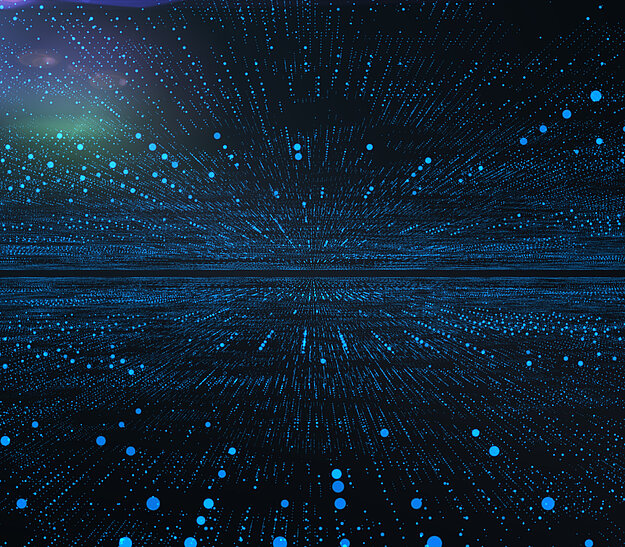 Abstrakte digitale Darstellung mit blauen Punkten, die in alle Richtungen strahlen. Der Hintergrund ist dunkel und vermittelt das Gefühl von Tiefe und Weite, sodass eine futuristische Atmosphäre entsteht.