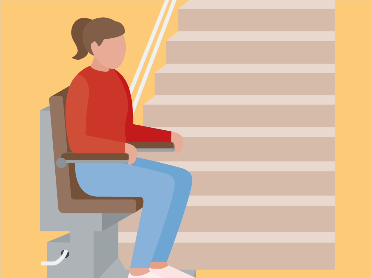 Eine Person sitzt auf einem Treppenlift, der an einer Treppe montiert ist. Die Treppe hat mehrere Stufen, und der Hintergrund ist gelb.