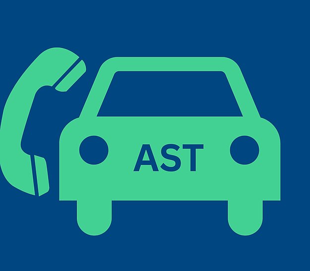 Ein grünes Autofon-Symbol auf blauem Hintergrund, das ein Telefon und ein Auto zeigt, mit dem Wort "AST" in der Mitte des Autos.