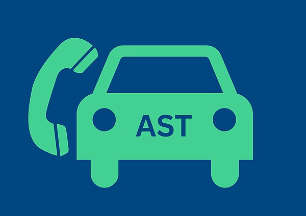 Ein grünes Autofon-Symbol auf blauem Hintergrund, das ein Telefon und ein Auto zeigt, mit dem Wort "AST" in der Mitte des Autos.