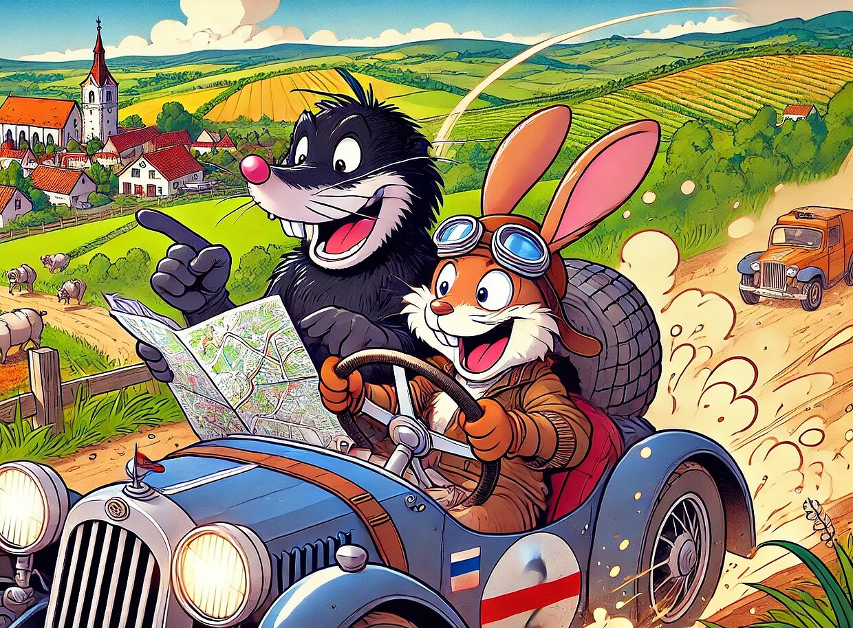 Ein Maulwurf und ein Hase fahren in einem alten Auto durch eine malerische Landschaft mit Feldern und einem Dorf im Hintergrund. Der Maulwurf hält eine Karte, während der Hase fröhlich lächelt. Die Szene strahlt Abenteuerlust und Freundschaft aus.