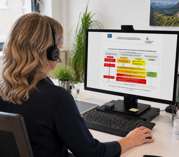 Eine Person mit Kopfhörern sitzt an einem Schreibtisch und schaut auf einen Computerbildschirm, auf dem ein Flussdiagramm angezeigt wird. Der Hintergrund zeigt einen modernen Arbeitsplatz mit Pflanzen und Fenstern.