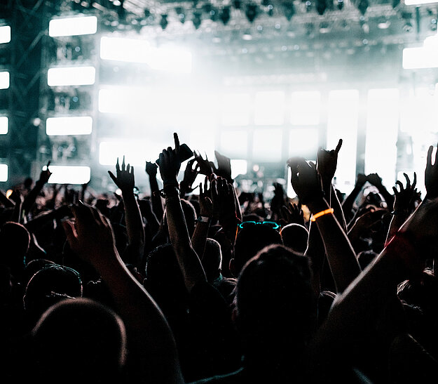 Eine Menge von Menschen mit erhobenen Händen bei einem Konzert oder Festival. Im Hintergrund leuchten große Bildschirmanzeigen, die eine dynamische Lichtshow bieten. Die Atmosphäre ist energiegeladen und festlich.