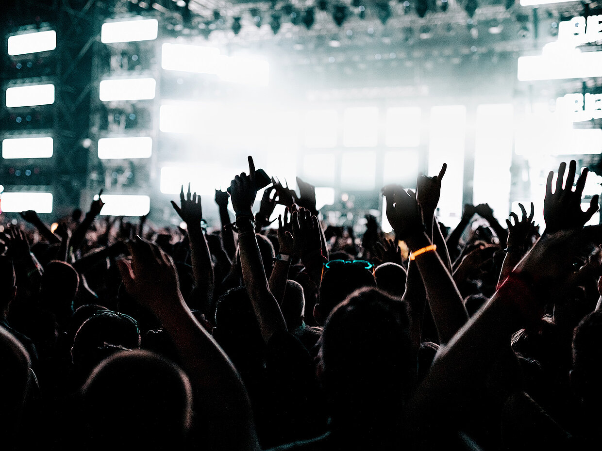 Eine Menge von Menschen mit erhobenen Händen bei einem Konzert oder Festival. Im Hintergrund leuchten große Bildschirmanzeigen, die eine dynamische Lichtshow bieten. Die Atmosphäre ist energiegeladen und festlich.