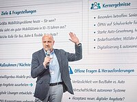 Eine Person spricht auf einer Präsentationsbühne und hebt die Hand. Im Hintergrund sind Folien mit den Themen „Ziele & Fragestellungen“ sowie „Kern-ergebnisse“ zu sehen, die sich mit Mobilitätsproblemen und Herausforderungen im öffentlichen Nahverkehr befassen.