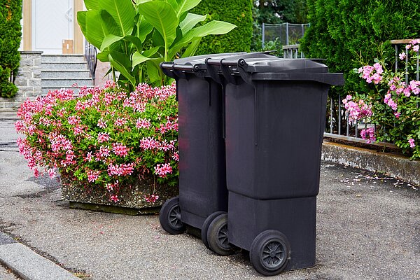Drei schwarze Mülltonnen stehen auf einem gepflasterten Gehweg neben einem blühenden Blumenbeet mit pinkfarbenen Blüten und grünen Pflanzen. Im Hintergrund sind Treppen zu sehen, die zu einem Gebäude führen.