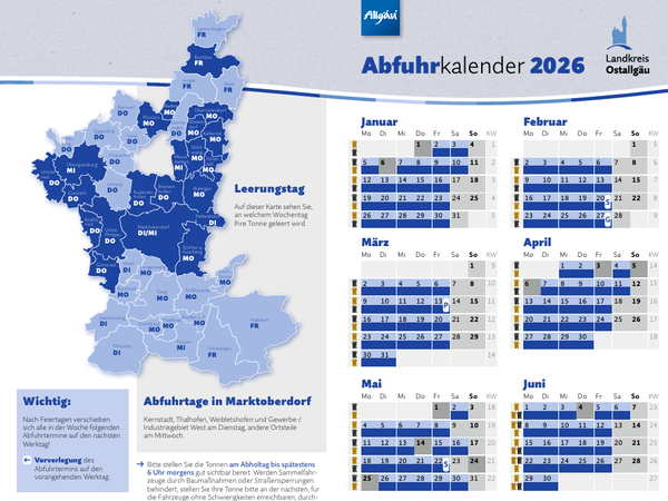 Eine Übersichtskarte mit dem Abfuhrkalender 2026 für den Landkreis Ostallgäu. Sie zeigt verschiedene Regionen in Blautönen, wichtige Hinweise zu Leerungstagen und Abfuhrterminen. Der Kalender ist in sechs Monate unterteilt und enthält spezifische Daten für jeden Monat.