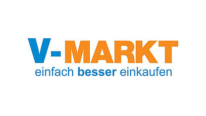 Logo von V-Markt mit dem Slogan "einfach besser einkaufen" in blauer und orangefarbener Schrift.