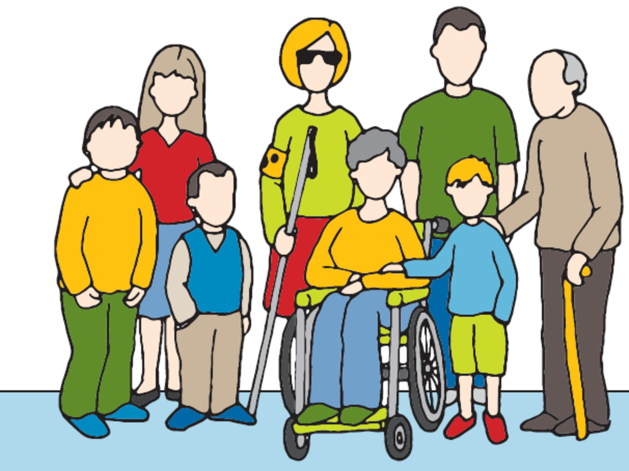 Eine Gruppe von sieben Personen steht zusammen. Sie sind altersgemischt und zeigen unterschiedliche Körperhaltungen. Eine Person sitzt im Rollstuhl, während andere stehen und eine Person hält einen Stock. Alle tragen bunte, lässige Kleidung.