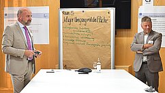 Zwei Männer stehen in einem Raum, der mit einem großen Papierblatt an der Wand dekoriert ist. Auf dem Blatt steht "Kluger Umgang mit der Fläche" und enthält einige Stichpunkte. Ein Tisch mit einem Telefon und einer Wasserflasche ist im Vordergrund sichtbar.