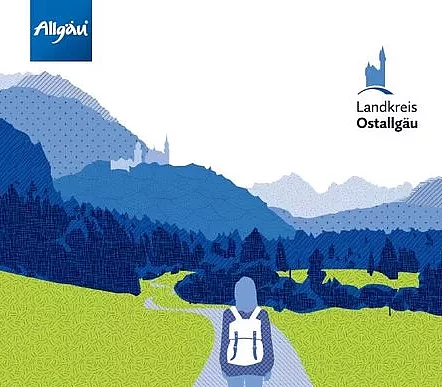 © Landkreis Ostallgäu Ein Coverbild mit dem Titel "Tourismusstrategie" für den Landkreis Ostallgäu und den Erlebnisraum Schlosspark. Im Hintergrund sind sanfte Hügel und Wälder zu sehen, während eine Person mit Rucksack auf einem Wanderweg geht. Der obere Bereich zeigt das Logo des Landkreises.