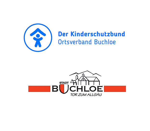 Logo des Kinderschutzbundes, Ortsverband Buchloe. Oben ein stilisiertes Symbol eines Kindes unter einem Dach, in Blau, begleitet von dem Text „Der Kinderschutzbund“ in blauer Schrift. Unten steht „STADT BUCHLOE TOR ZUM ALLGÄU“ in schwarzer und roter Schrift.