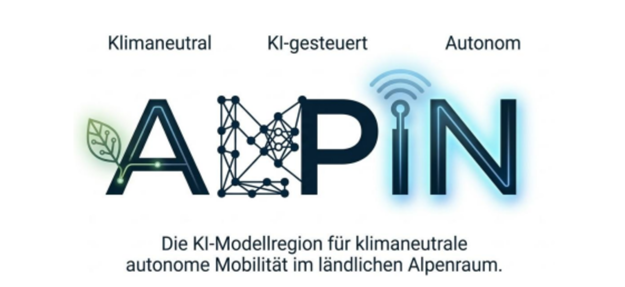 Logo der Initiative "ALPIN" mit den Begriffen "Klimaneutral", "KI-gesteuert" und "Autonom". Darunter steht: "Die KI-Modellregion für klimaneutrale autonome Mobilität im ländlichen Alpenraum.