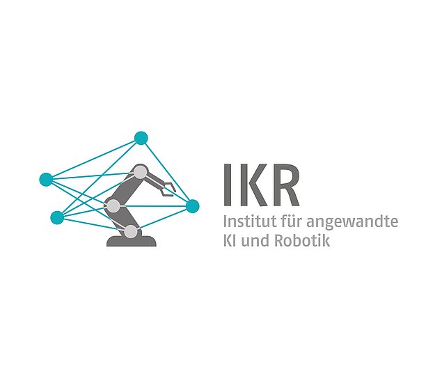 Logo des Instituts für angewandte KI und Robotik (IKR). Das Design zeigt einen Roboterarm, der von einem Netzwerk aus Punkten und Linien umgeben ist, was auf die Verbindung zwischen Künstlicher Intelligenz und Robotik hinweist.