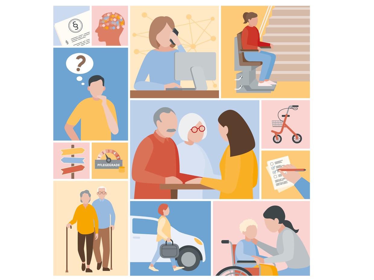 Eine Collage mit verschiedenen Szenen, die Unterstützung und Pflege für ältere Menschen darstellen. Abgebildet sind Nutzer von Gehhilfen, Gespräche zwischen Pflegekräften und Angehörigen, Therapiesitzungen sowie Hilfsmittel wie einen Rollstuhl und ein Pflegeformular.