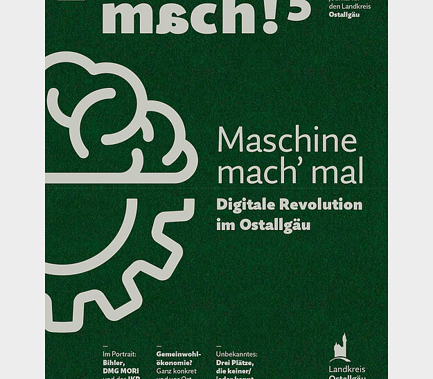 Ein Magazincover mit grünem Hintergrund. Der Titel lautet "msch!5" und darunter steht "Maschine mach'mal – Digitale Revolution im Ostallgäu". Auf dem Cover sind eine stilisierte Zahnräder- und Gehirn-Illustration zu sehen. Oben ist das Logo der Allgäu-Region sichtbar.