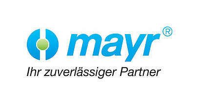 Logo von mayr mit dem Slogan „Ihr zuverlässiger Partner“. Das Logo zeigt eine stilisierte Darstellung, die aus einem blauen Schriftzug und einem grün-blauen Symbol besteht.