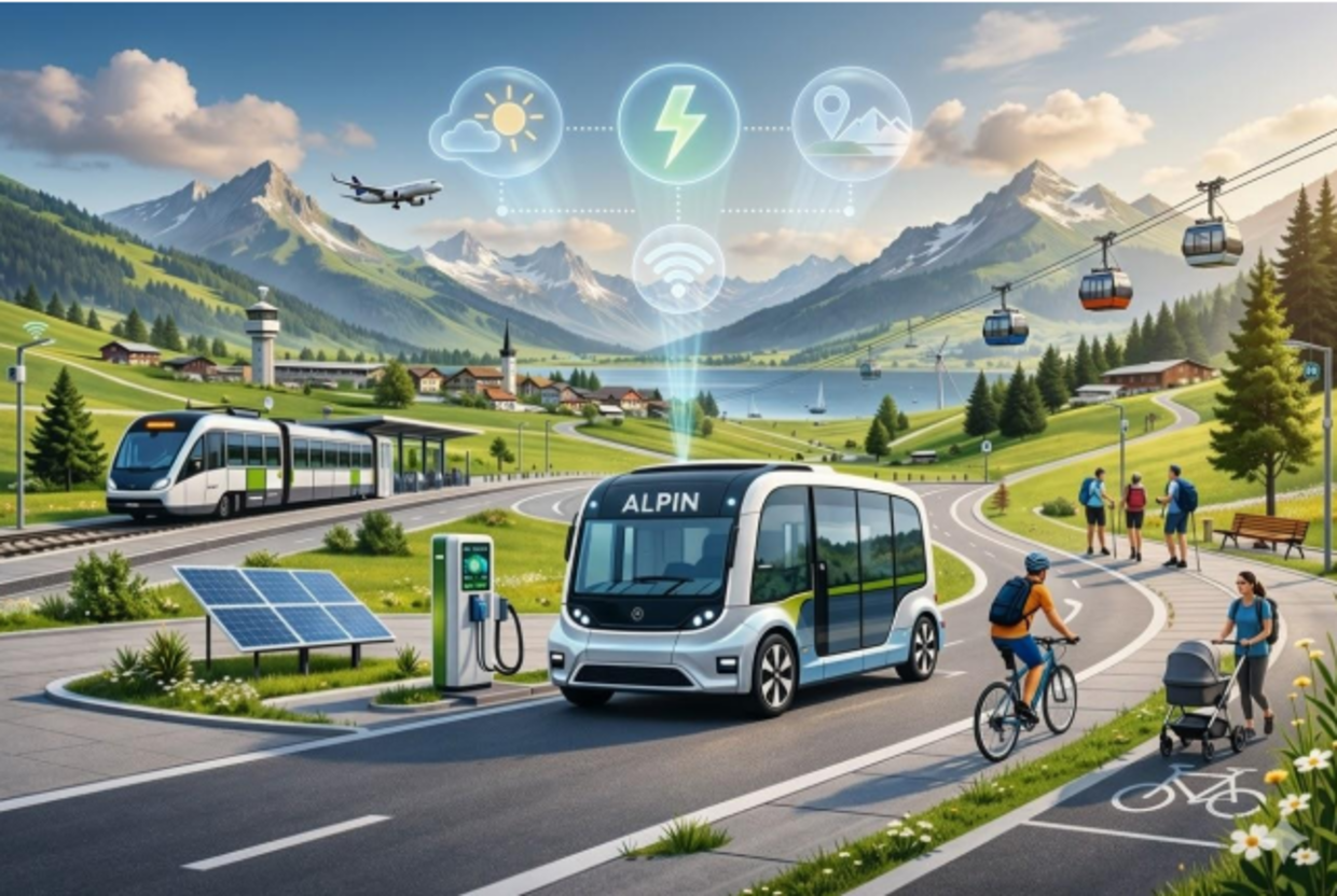 Eine futuristische Landschaft mit einem elektrischen Bus, der an einer Ladestation steht. Im Hintergrund sind Berge, ein See und eine Bahnstation zu sehen. Grafiken zeigen Wetter, WLAN-Signal und andere Symbole, die auf moderne Technologien hinweisen. Menschen fahren Fahrrad und schieben einen Kinderwagen.