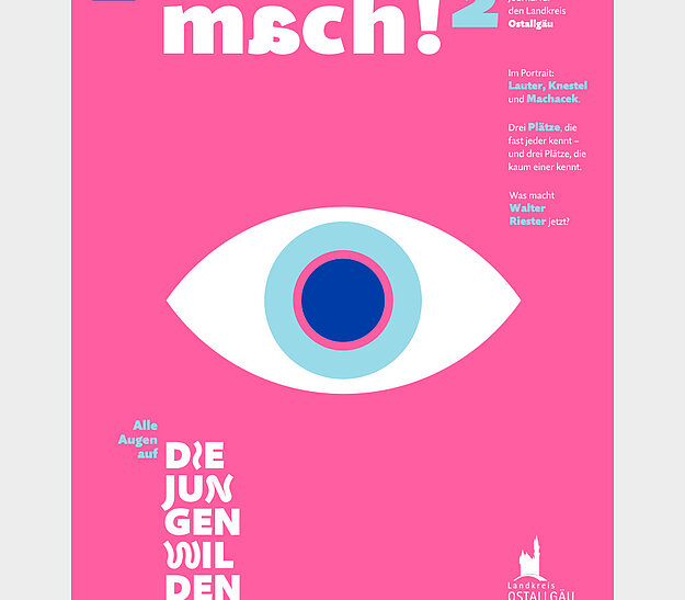 Ein pinkes Cover mit einem großen, stilisierten Auge in der Mitte. Darunter steht in weißen Buchstaben "DIE JUNGEN WILDEN". Oben links befindet sich das Logo "Allgäu" und der Titel "msch!2 - Das Standort-Journal für den Landkreis Ostallgäu".