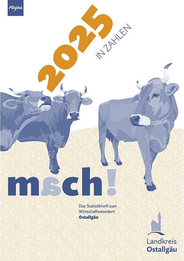 Cover einer Broschüre mit dem Titel "2025 in Zahlen". Die Darstellung zeigt drei stilisierte Kühe, die freundlich dreinschauen. Darunter steht "msch!" als Teil des Textes, zusammen mit der Bezeichnung "Landkreis Ostallgäu". Das Design ist schlicht und modern.