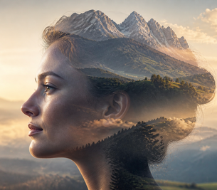 Ein seitliches Porträt einer Frau, deren Kopf mit einer Berglandschaft überlagert ist. Die Berge sind schneebedeckt, umgeben von grünen Hügeln und Wolken im Hintergrund, die eine harmonische Verbindung zwischen Mensch und Natur darstellen.