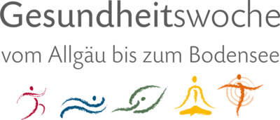 Logo der Gesundheitswoche mit dem Slogan "vom Allgäu bis zum Bodensee". Es sind Symbole für verschiedene Aktivitäten abgebildet: Laufen, Schwimmen, eine Pflanze, Yoga und Tanzen.
