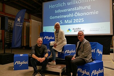 Drei Personen sitzen auf einer Holzplattform vor einem großen Bildschirm, der mit „Herzlich willkommen! Informationsveranstaltung Gemeinwohl-Ökonomie 5. Mai 2025“ beschriftet ist. Um sie herum stehen blaue Boxen mit dem Aufdruck „Allgäu“. Im Hintergrund sind banners und eine einfache Veranstaltungsumgebung sichtbar.