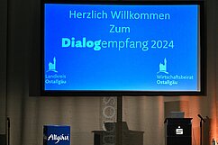 Eine Bühne mit einem großen Bildschirm im Hintergrund, der den Text „Herzlich Willkommen zum Dialogempfang 2024“ zeigt. Unter dem Text sind die Logos von „Landkreis Ostallgäu“ und „Wirtschaftsbeirat Ostallgäu“ zu sehen. Im Vordergrund stehen Tische mit Veranstaltungsmaterialien.
