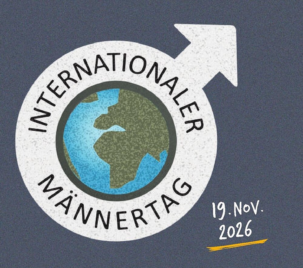 Logo für den Internationalen Männertag mit einem globusähnlichen Symbol in der Mitte. Darum herum steht "INTERNATIONALER MÄNNERTAG". In der unteren Ecke ist das Datum "19. Nov. 2026" angegeben. Der Hintergrund ist dunkelgrau.