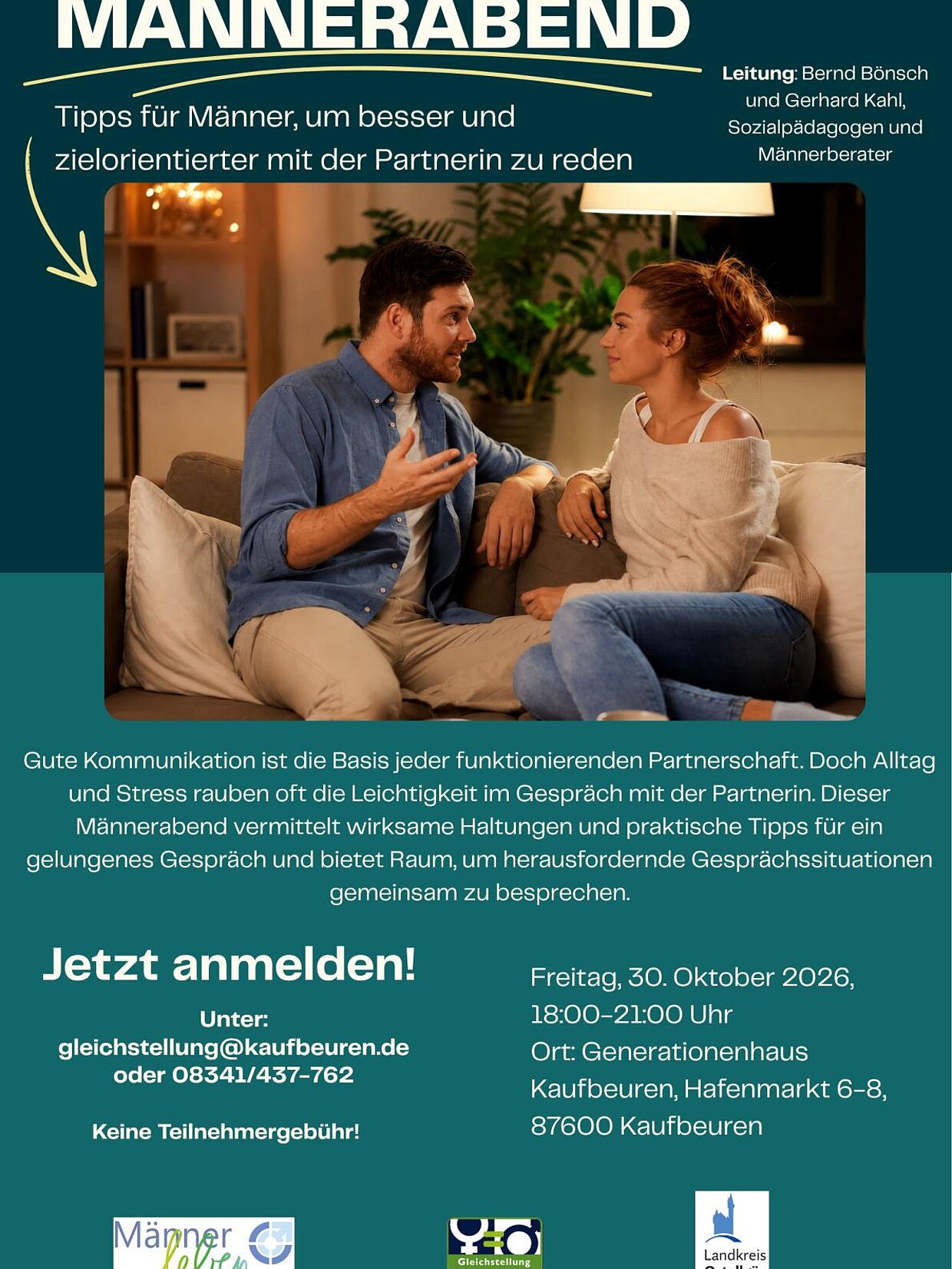 Ein Plakat für einen Männerabend mit dem Titel „Männerabend“. Es zeigt ein Paar in einem Gespräch, umgeben von einem Text mit Informationen zu Veranstaltung, Leitung, Anmeldung und Tipps für bessere Kommunikation in Partnerschaften. Der Termin ist der 30. Oktober 2026 in Kaufeuren.