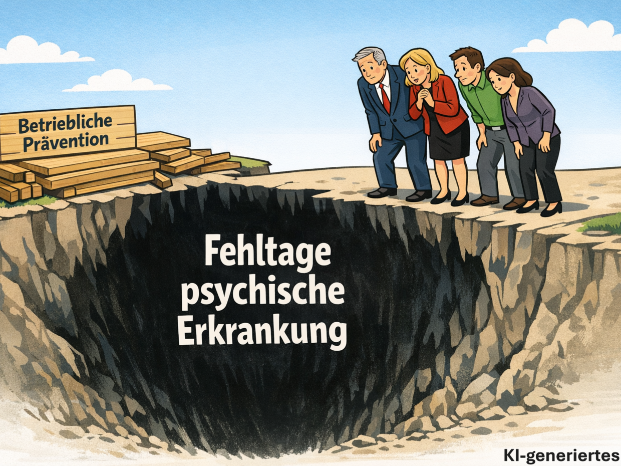 Eine Gruppe von vier Personen schaut besorgt in ein großes, dunkles Loch mit der Aufschrift „Fehltage psychische Erkrankung“. Im Hintergrund stehen Holzschilder mit der Aufschrift „Betriebliche Prävention“. Die Szene vermittelt eine Botschaft über die Bedeutung der psychischen Gesundheit am Arbeitsplatz.