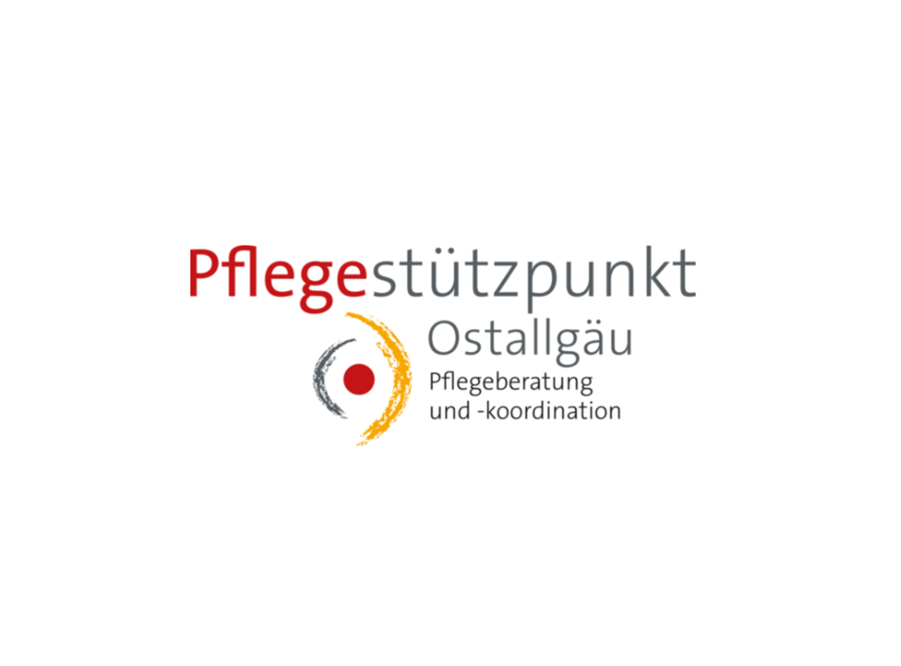 Logo des "Pflegestützpunkt Ostallgäu" mit dem Slogan "Pflegeberatung und -koordination". Die Schrift ist in verschiedenen Farben gehalten, darunter Rot und Grau, mit grafischen Elementen.
