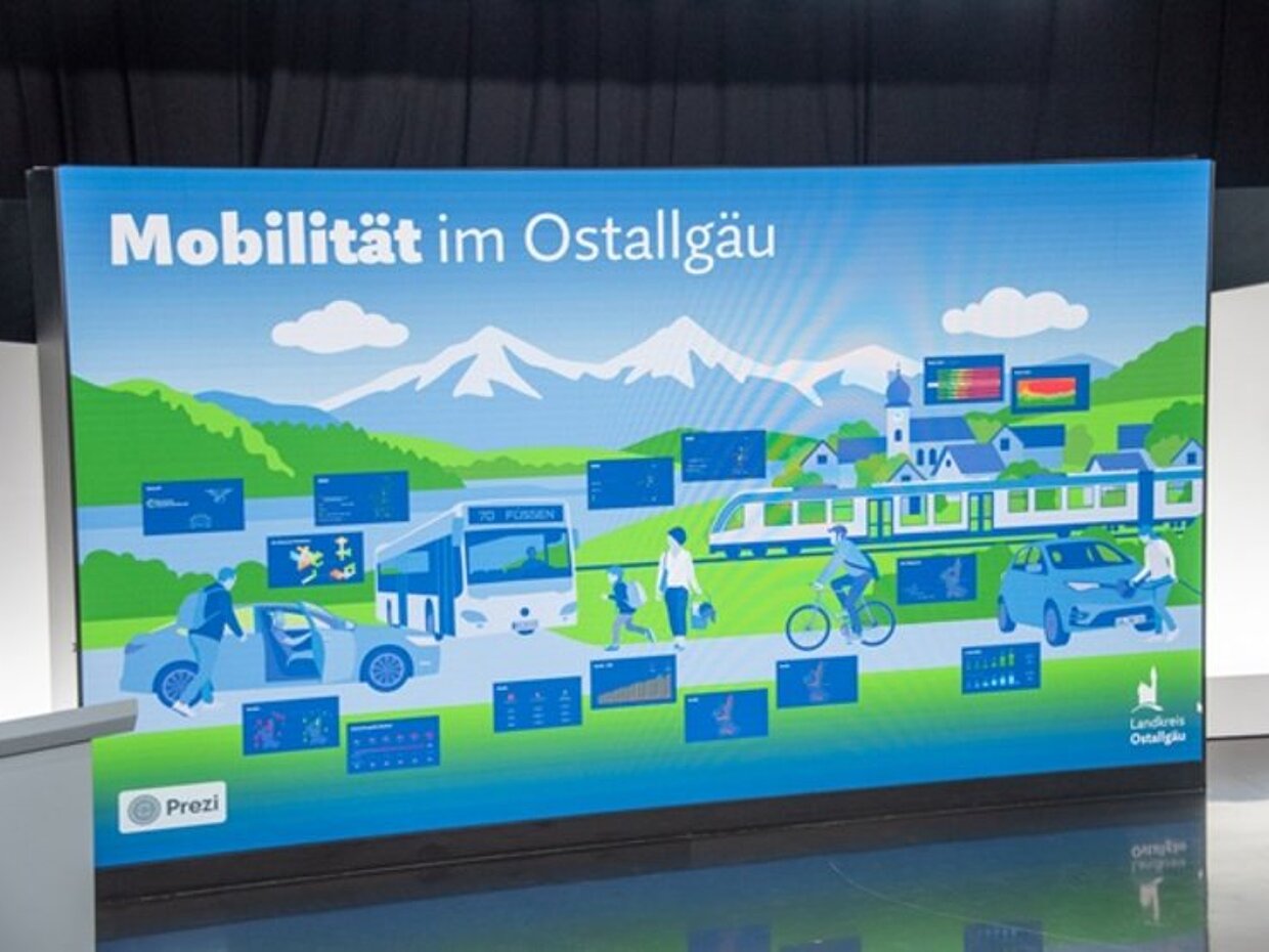 Grafik mit dem Titel "Mobilität im Ostallgäu". Sie zeigt verschiedene Verkehrsmittel wie Busse, Züge und Fahrräder in einer ländlichen Landschaft mit Bergen und Häusern. Es sind auch Symbolbilder von Menschen zu sehen, die sich fortbewegen.