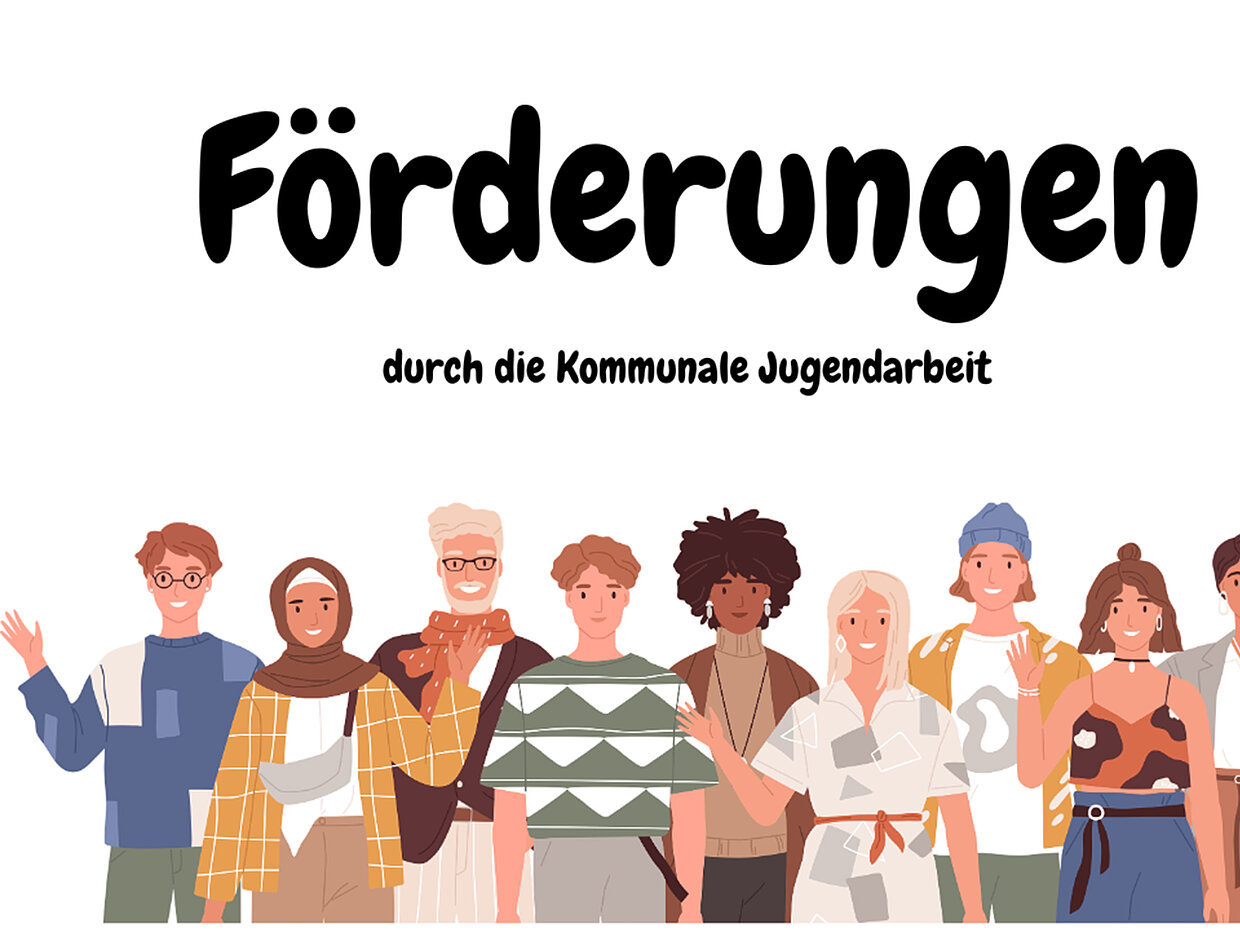 Eine Gruppe junger Menschen steht zusammen und lächelt. Sie zeigen verschiedene Stilrichtungen und Ethnien. Oben steht der Schriftzug "Förderungen durch die Kommunale Jugendarbeit". Die Atmosphäre ist freundlich und einladend.