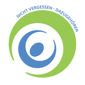 Logo mit dem Text „Nicht vergessen - dazugehören“. Es zeigt eine stilisierte, kreisförmige Grafik in blauen und grünen Farbtönen, die Gemeinschaft und Verbundenheit symbolisiert.
