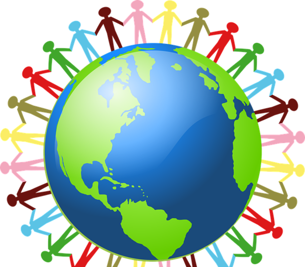 Eine stilisierte Weltkugel, umgeben von bunten Figuren, die Händchen halten. Die Figuren repräsentieren Vielfalt und Einheit, während die Erde in der Mitte die globale Gemeinschaft symbolisiert.