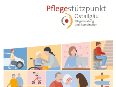 Grafik des Jahresberichts 2025 des Pflegestützpunkts Ostallgäu. Sie zeigt verschiedene Illustrationen zu Pflegeberatung, Unterstützung von älteren Menschen und pflegerischen Dienstleistungen. Oben das Logo des Pflegestützpunkts. Der Titel „Jahresbericht 2025“ ist prominent in roter Schrift dargestellt.