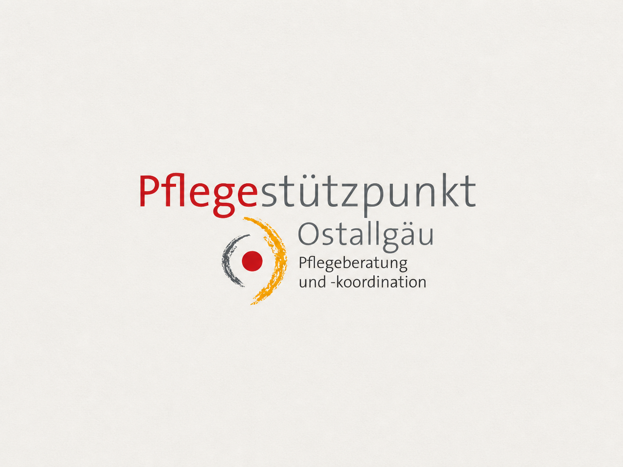 Logo des Pflegestützpunkts Ostallgäu, das Pflegeberatung und -koordination anbietet. Der Schriftzug kombiniert rote, graue und schwarze Elemente mit einem roten Punkt und geschwungenen Linien.