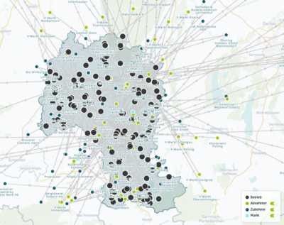 Eine Karte von Baden-Württemberg mit zahlreichen Punkten, die verschiedene Betriebe, Zulieferer und Märkte darstellen. Die Punkte sind in verschiedenen Farben markiert, wobei grüne Punkte für Märkte, hellgrüne für Zulieferer und schwarze für Betriebe stehen. Linien verbinden die Punkte miteinander.