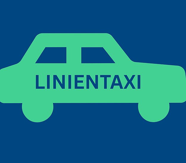 Grafik eines Taxis in grüner Farbe auf blauem Hintergrund mit dem Wort "LINIENTAXI" in Großbuchstaben.