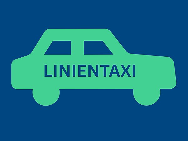 Grafik eines Taxis in grüner Farbe auf blauem Hintergrund mit dem Wort "LINIENTAXI" in Großbuchstaben.