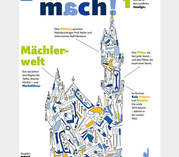 Das Cover eines Magazins mit dem Titel "msch!". Das Design zeigt eine stilisierte Darstellungen eines Turms, zusammengesetzt aus verschiedenen Werkzeugen und Gegenständen. Informationen über Bildung und Porträts von Persönlichkeiten sind hervorgehoben. Das Jahr der Ausgabe ist 2015.