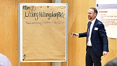 Ein Mann in einem Anzug steht vor einem Flipchart, auf dem der Titel „Lösung Nutzungskonflikte“ geschrieben steht. Er hält einen Stift in der Hand und präsentiert Informationen zur Themenbehandlung. Der Hintergrund zeigt eine Holzwand und einen Teil des Raumes.